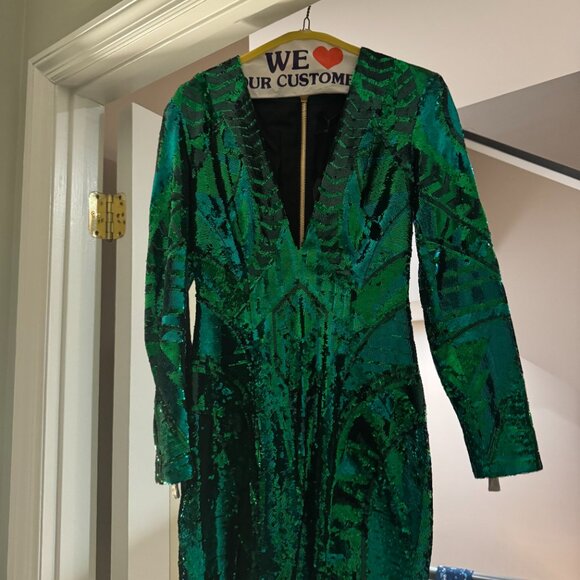 Balmain × H&M 2015 Runway Emerald Green Sequin Zipper Plunge Dress Size 2 NWT - Picture 8 of 14